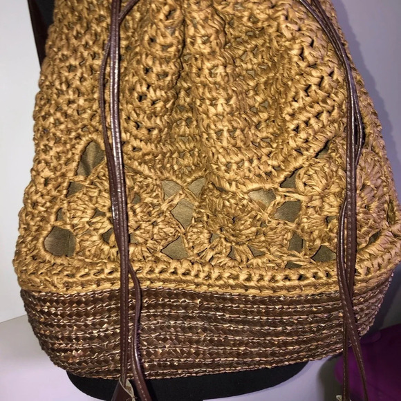 Backpack Purse Brown Woven Raffia Beach Bag Drawstring Pockets 17x13” - Picture 4 of 7